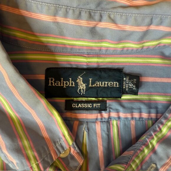 Ralph Lauren Dress Shirt Men's 16 1/2, 34/35 Blue Yellow Stripe Classic Fit - Picture 2 of 10